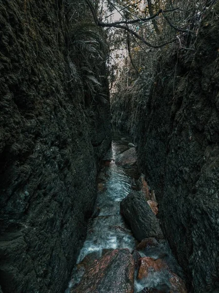 岩石墙之间一条狭窄的溪流的垂直拍 — 图库照片