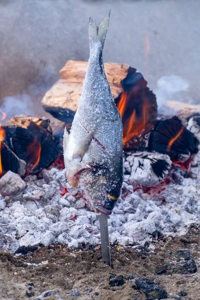 Endülüs Kıyılarının Tipik Yiyecekleri Bir Teknede Kömür Ateşiyle Kavrulan Bir — Stok fotoğraf