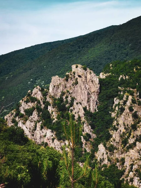 Aerial View Green Forested Mountains Blue Cloudy Sky — Stock Photo, Image