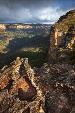 Avustralya 'daki mavi dağlardaki vadi manzaralı erken ışıktaki kaya oluşumları