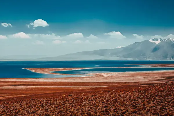 Dağların Arka Planında Kızıl Kumlu Bir Sahilin Güzel Bir Görüntüsü — Stok fotoğraf