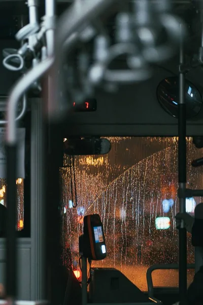 Vertical Shot Bus Empty Bus Raindrops Frond Window — Stock Photo, Image