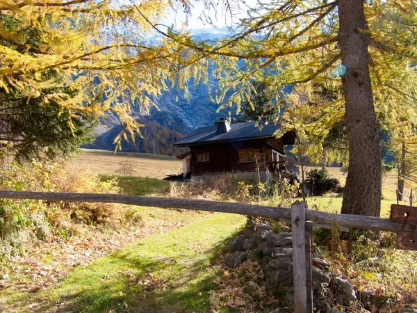 Une Petite Cabane Bois Confortable Dans Prairie Pied Des Montagnes — Photo