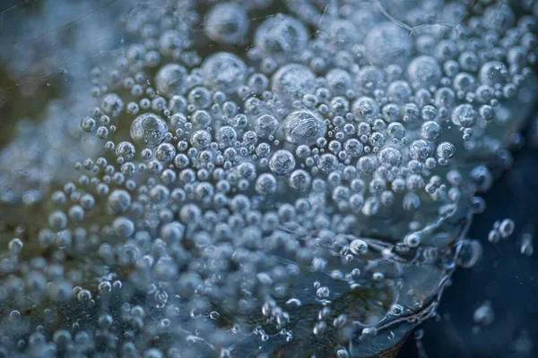 Gros Plan Bulles Gelées Dans Étang Pendant Hiver — Photo