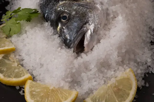 Close Fresh Sea Bream Salt Slices Lemon Black Slate Wooden — Stock Photo, Image