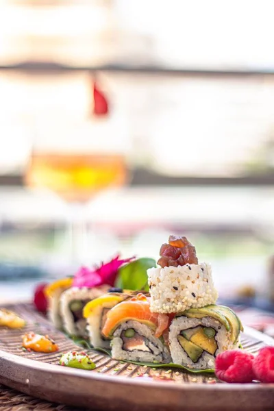 Vertical Closeup Sushi Rolls Glass Champagne Blurred Background — Stock Photo, Image