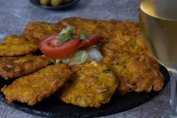 Crispy Shrimp Tortilla Typical Andalucia Spain Black Tile Grey Background — Stock Photo, Image