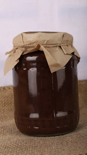 Vertical View Homemade Bottled Sweet Mulberry Fruit Jam Brown Surface — Stock Photo, Image