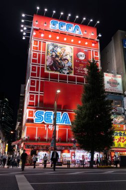 Akihabara, Japonya- 29 Temmuz 2020: Akihabara 'da ışıkları yanan bir bina parlıyor.