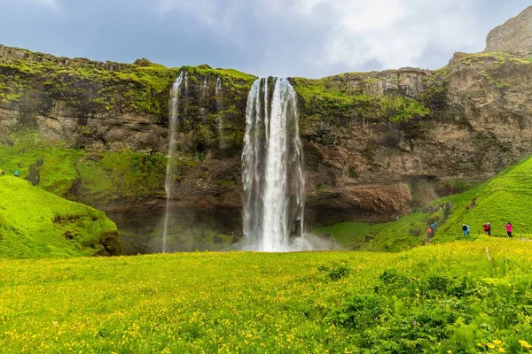 Malowniczy Widok Wodospad Seljalandsfoss Islandii Otoczony Naturą Zachmurzonym Tle Nieba — Zdjęcie stockowe