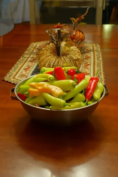 Vertical Shot Bowl Banana Peppers Table Decorated Autumn Colors — Stock Photo, Image