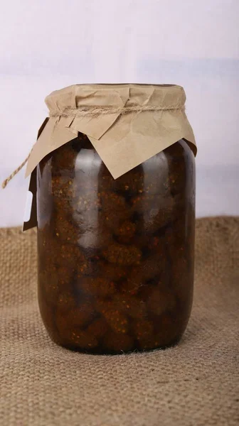 Vertical View Homemade Bottled Sweet Mulberry Fruit Jam — Stock Photo, Image