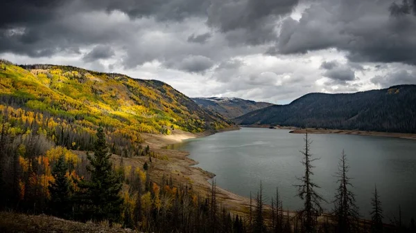 Dağ gölü kıyısındaki renkli ağaçların koyu bulutlu arka planda nefes kesici bir görüntüsü.