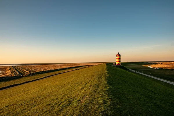 Vecchio Faro Greenfield Costa Germania Durante Tramonto — Foto Stock