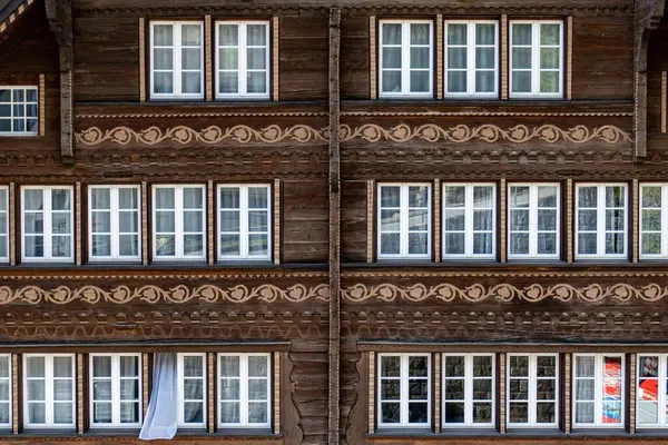 Exterior Traditional Wooden House Carved Ornaments Wall White Window Frames — Stock Photo, Image