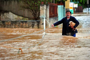 Gravatai, Rio Grande do Sul, Brezilya - 14 Haziran 2015: Sel felaketinde bir köpeği kurtaran adam