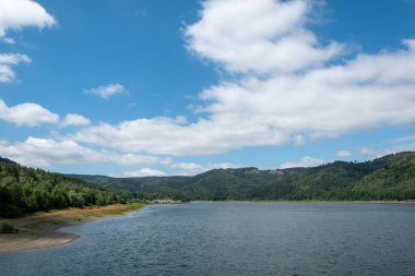 Orman ve dağlarla çevrili güzel mavi bir gökyüzü olan bir göl.