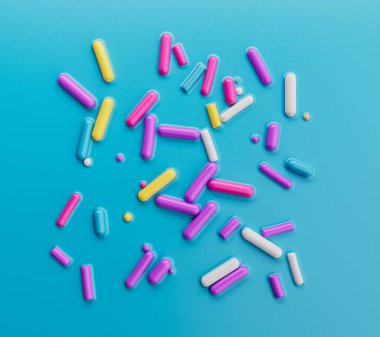 Mavi arkaplanda üç boyutlu renkli serpiştirme