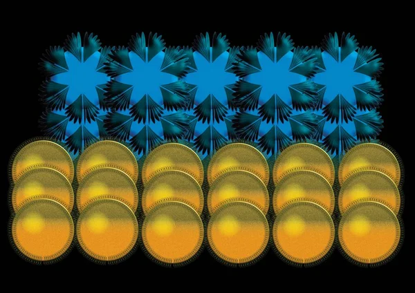 Ilustración Círculos Dorados Alineados Bajo Formas Redondas Azules Con Estrellas —  Fotos de Stock