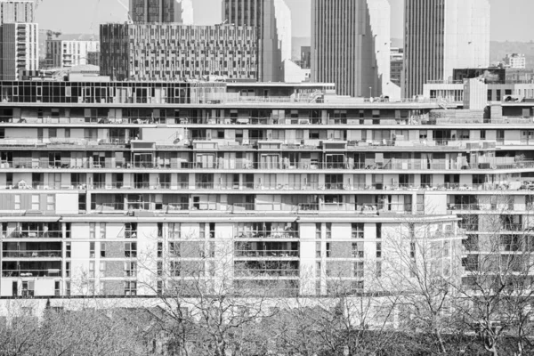 Сірий Знімок Будівель Хмарочосів Гринвічі Лондон — стокове фото