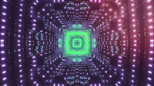 Futurystyczny Cyfrowy Korytarz Fioletowym Zielonym Oświetleniem Neonowym Geometrycznymi Wzorami — Zdjęcie stockowe