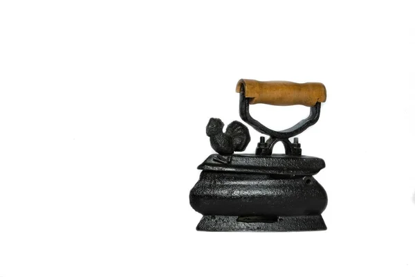 Antique Black Iron Steam Wooden Handle Isolated White Background — Stock Photo, Image