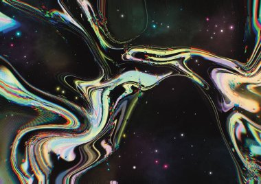 Siyah Retro Nostaljik Karanlık mermer soyut uzay gökyüzü yıldızlar ve gökkuşağı renkli pastel nebula kıvrımları