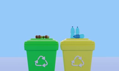 3d Illustration. Çöp tenekeleri geri dönüşüm için. Çevre koruma konsepti. Geri dönüşüm konsepti. Plastik ve organik. Boşluğu kopyala