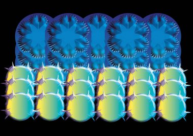 Yuvarlak dairelerin altında, siyah zemin üzerinde yıldızlar bulunan küçük bağlı çemberlerin bir çizimi