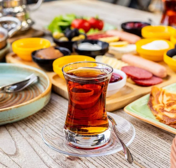 Selective Focus Breakfast Set Cup Tea Omelet Sausage Sauces Table — Stock Photo, Image