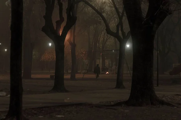 Tiro Homem Balançando Parque Noite — Fotografia de Stock