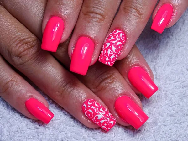 Modern Manicure Made Pink Acrylic Gel — Stock Photo, Image