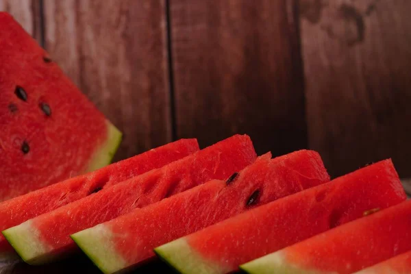 Close Fresh Watermelon Slices Wooden Table — Stock Photo, Image