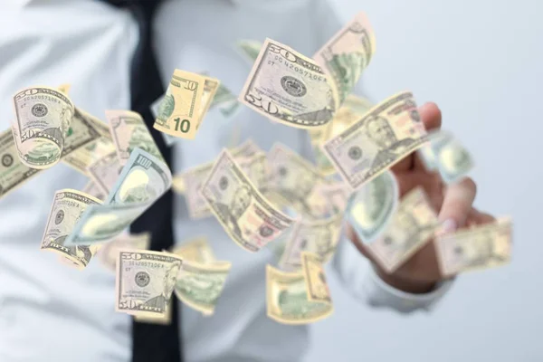 Nahaufnahme Eines Mannes Einem Anzug Der Und Dollar Banknoten Berührt — Stockfoto