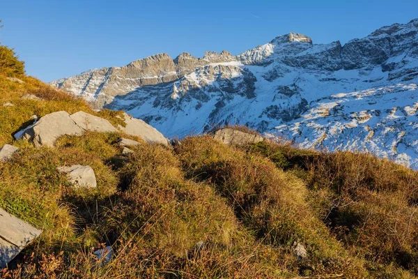 Vaste Paysage Montagne Enneigé Campagne Sous Ciel Dégagé — Photo