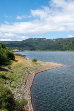 Orman ve dağlarla çevrili mavi gökyüzünün altında bulutlarla çevrili bir gölün dikey görüntüsü.