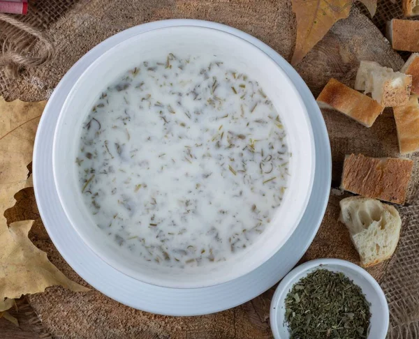 Skål Yoghurt Och Gurka Tzatziki Med Torkad Krydda Och Bitar — Stockfoto