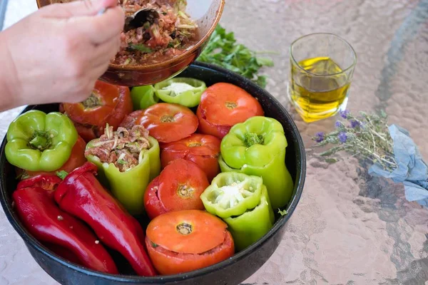 Comida Tradicional Grega Gemista Cozinhada Forno Pimentos Recheados Tomates Abobrinha — Fotografia de Stock