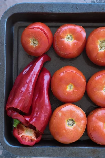 Grekisk Traditionell Mat Gemista Redan Lagat Ugnen Fylld Paprika Tomater — Stockfoto