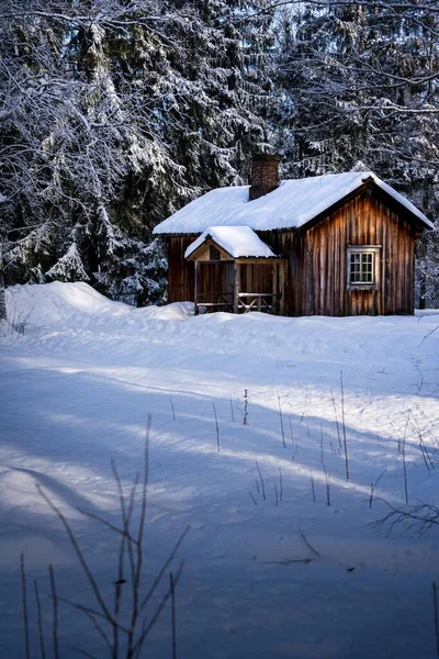 Дерев Яна Хатина Вкрита Снігом Взимку — стокове фото