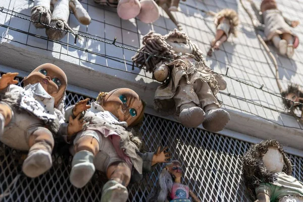 Wall Dolls Many Dolls Hung Wall Message Violence Women Milan — Stock Photo, Image