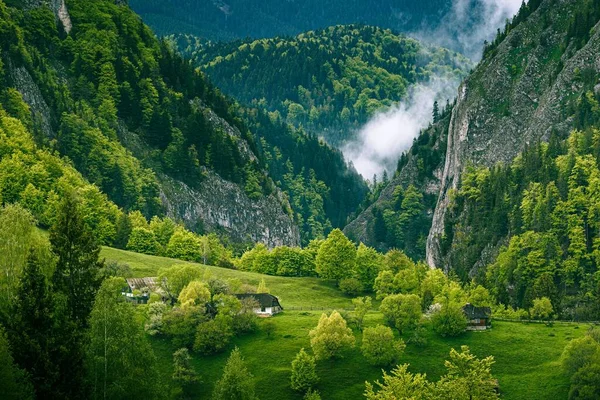 Paisaje Impresionante Prado Verde Con Casas Pie Las Colinas — Foto de Stock