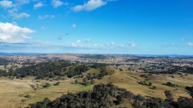 Mavi parlak gökyüzünün altında büyüyen ağaçlarla çevrili bir dağ manzarası.