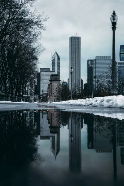 Вертикальний Знімок Aon Center Сучасних Будівель Відбивають Воду Взимку — стокове фото