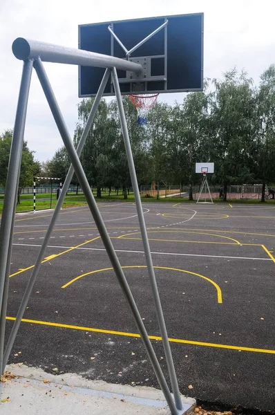 Una Vista Aérea Del Suelo Goma Pista Deportiva Rodeada Árboles — Foto de Stock