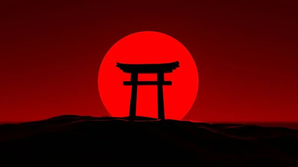 Illustration Une Structure Japonaise Avec Une Lune Rouge Arrière Plan — Photo