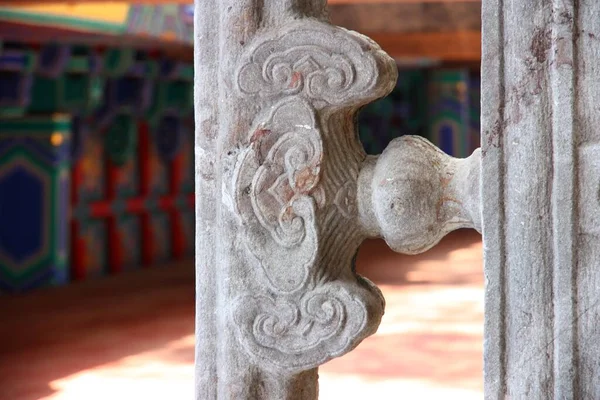 Une Sélection Gravures Sur Pierre Bleue Dans Temple Chine — Photo
