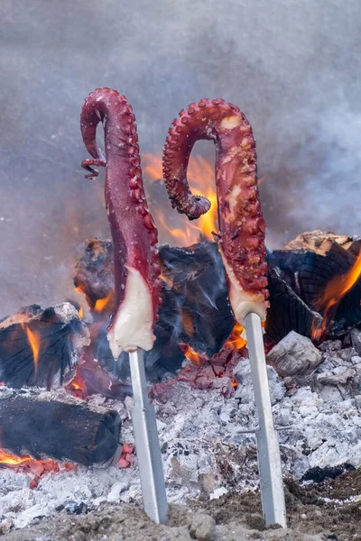 Типова Їжа Узбережжя Андалусії Два Апетитних Великих Щупальця Грилі — стокове фото