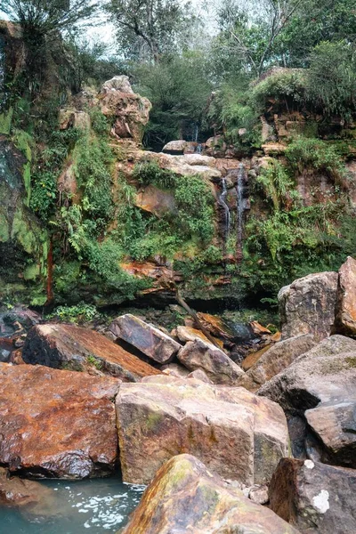 森の中の岩場の崖を流れる小さな滝の垂直ショット — ストック写真