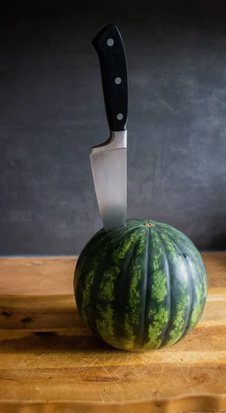 Watermelon Wooden Board Get Sliced — Stock Photo, Image